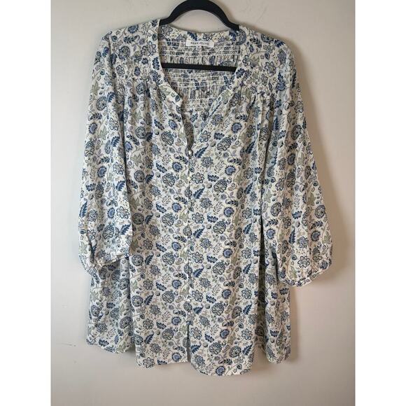 Rose + Olive Floral Button Front Blouse Womens Plus 2X Smocked Back Boho Hippie - Picture 1 of 9